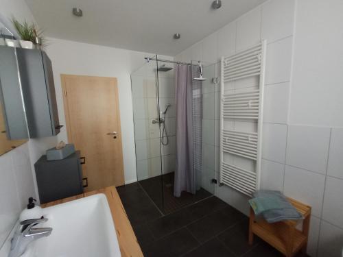 ein Badezimmer mit Dusche und Waschbecken in der Unterkunft Refugium Prerow in Prerow