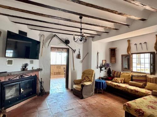 un salon avec un canapé et une cheminée dans l'établissement Cortijo Bernardino, à Chirivel