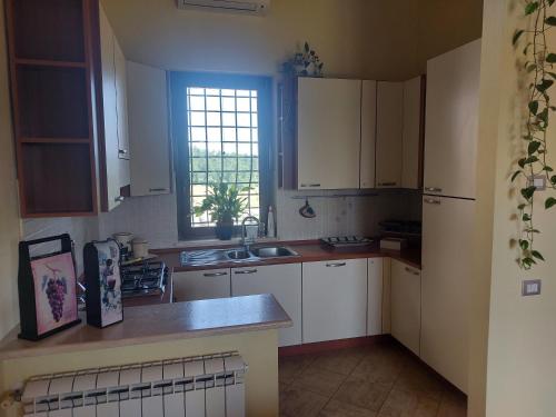 a kitchen with white cabinets and a sink and a window at Agriturismo Podere Bianca Maria in Nepi