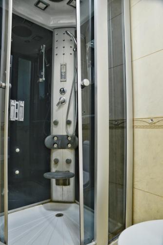 a shower in a bathroom with a glass wall at Gotel Milenium in Mykulychyn