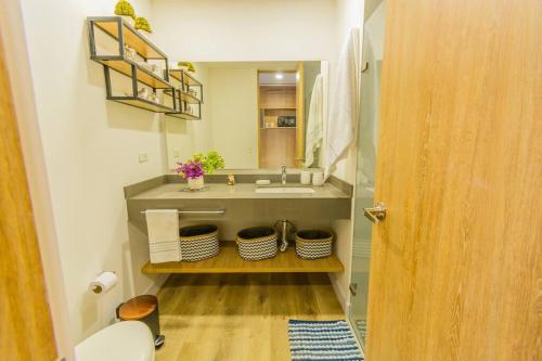 un baño con lavabo y espejo en Hermosa Suite CoWork - Gym-WifI El Poblado, en Medellín