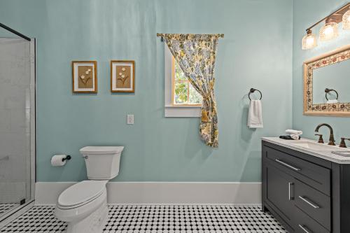 a blue bathroom with a toilet and a sink at The Steamboat Inn in Jefferson