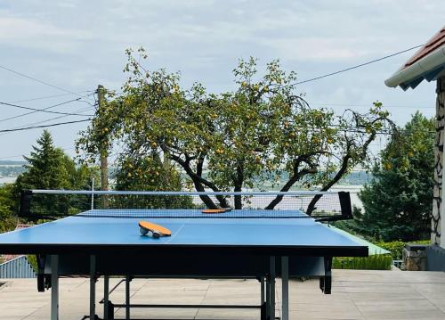 a ping pong table sitting on a patio with a table at Villa Julia in Velence