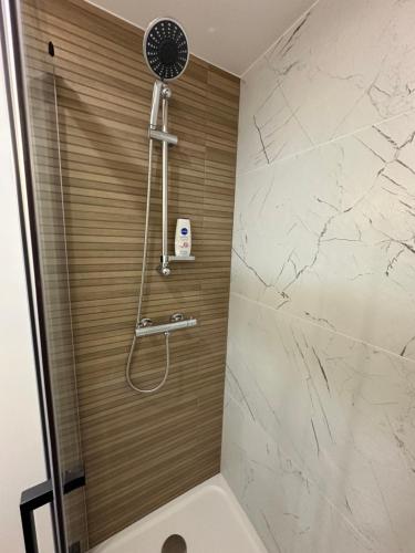 une douche avec pommeau de douche dans une salle de bain dans l'établissement duplex apartment, à Montreuil