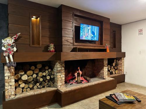 a living room with a fireplace with a tv at Pousada Canela Garden in Canela