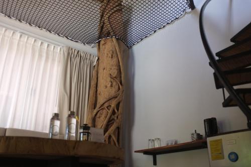 an umbrella is hanging on a wall next to a window at Hotel Circulo Bacalar in Bacalar
