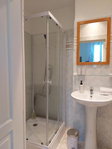 une salle de bain avec douche et lavabo dans l'établissement La Tuilerie, à Barcelonne-du-Gers