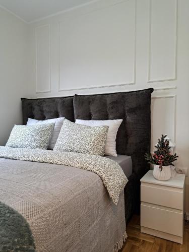 a bedroom with a large bed with white walls at Apartman Vasilisa in Novi Sad