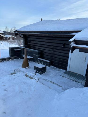 a house covered in snow with a vase in front of it at Hytte Oppdal Så Klart in Oppdal