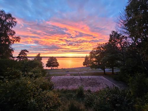 a sunset over a body of water with trees at Kallhällsbaden Strandhotell in Stockholm