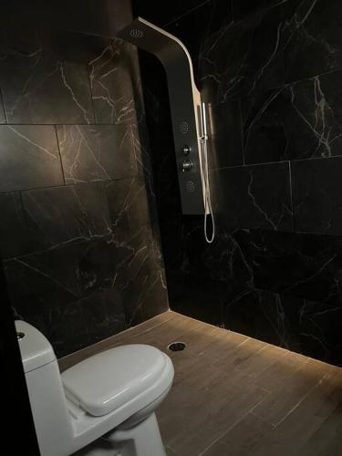 a bathroom with a toilet and a black wall at Loft oros in Oaxaca City