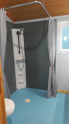 une salle de bain avec toilettes et rideau de douche dans l'établissement Cape Agde Charmant chalet sur le Mont Saint Loup, à Agde