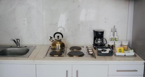 a kitchen counter with a stove and a sink at Casa Mannach in Mexico City