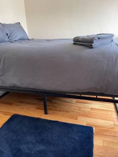 a bed in a room with a blue rug at Entire Apartment in Kingston
