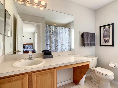 a bathroom with a sink and a toilet and a mirror at Charming & Cozy Getaway! Lazy River! in Davenport