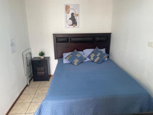 a bedroom with a blue bed with a wooden headboard at Alojamiento Puente Alto in Santiago