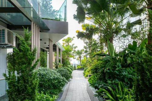 a garden path between two buildings with plants at Armin Homes Studio at Solforest Ecopark in HÆ°ng YÃªn