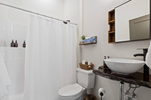 a bathroom with a sink and a toilet and a shower at Vienna's Modern Retreat in Rapid City