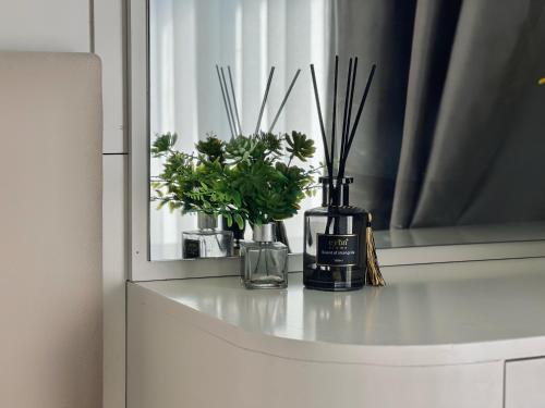 two vases with plants sitting on a window sill at Cat Ba Seoul 2 Hotel & Apartment in Cat Ba