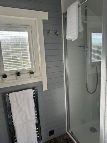y baño con ducha, ventana y toallas. en Windmill Glamping Pod with hot tub - The Snug, en Swavesey