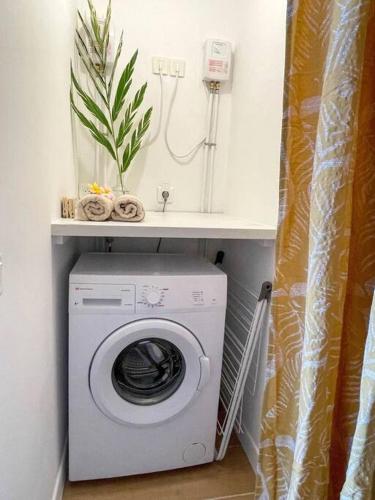a washing machine in a laundry room with a sink at Taapuna SunSet Moorea View in Atiue