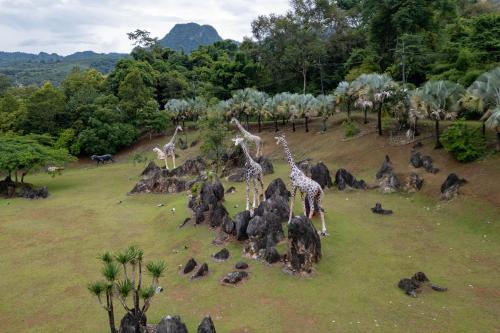 a group of giraffes in a field with rocks at Puprai Tarnnarm Resort in Thong Pha Phum