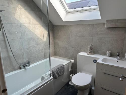 a bathroom with a toilet and a shower and a sink at The Beach Hut in Seasalter