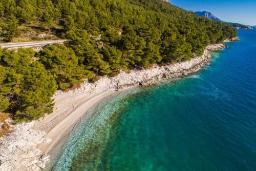 an aerial view of a beach next to the ocean at Pansion Palme in Drvenik