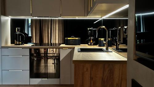kuchnia ze zlewem i kuchenką w obiekcie Apartamenty A&M Premium w mieście Stargard