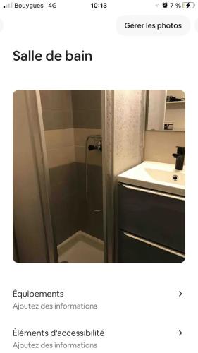 une salle de bain avec douche et lavabo dans l'établissement Studio cabine 4 couchages vue sur les pistes, à Puyvalador