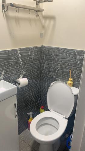 a bathroom with a toilet and a black tiled wall at Studio with private shower and toilet in Hadleigh