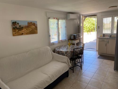 un salon avec un canapé et une table dans l'établissement T2 Rez de jardin 35 m2, à Balaruc-le-Vieux