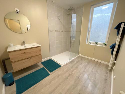 une salle de bain avec une douche, un lavabo et un miroir dans l'établissement Charmante Maison indépendante au pied de la vieille ville, à Boulogne-sur-Mer