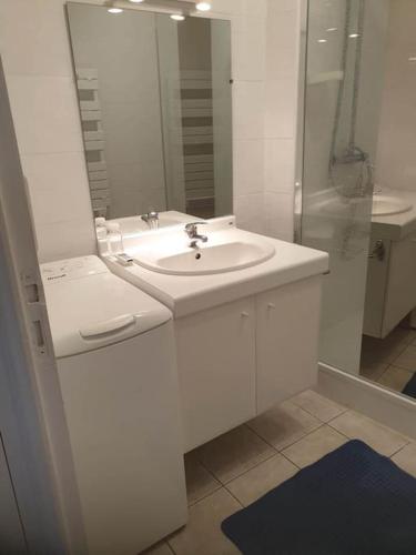 une salle de bain blanche avec un lavabo et un miroir dans l'établissement Bel Appartement et Jardin hyper Centre de Dol, à Dol-de-Bretagne