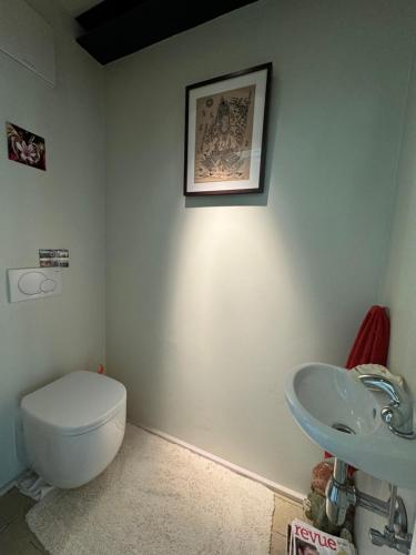 a bathroom with a toilet and a sink at Whispering Pines in Folkendange