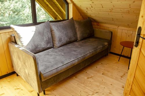 a couch sitting in a room in a cabin at Dom na krańcu lasu in Ostrowy