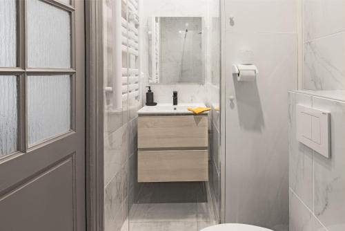 une salle de bain avec un lavabo, des toilettes et un miroir dans l'établissement Appartement central confortable et spacieux, à Carcassonne