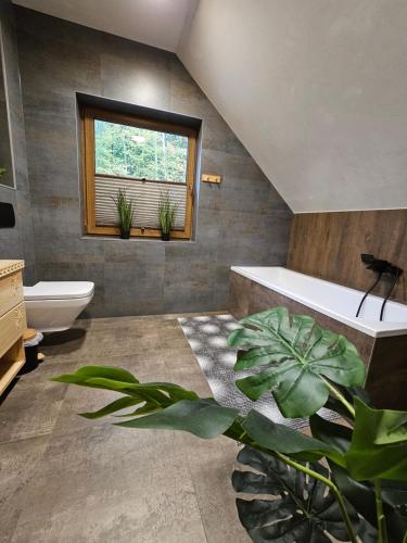 a bathroom with a tub and a toilet and plants at Leśne Zacisze & Spa na wyłączność in Lubień