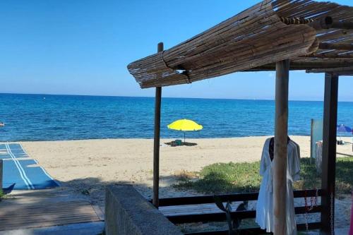 - une plage avec un parasol jaune et l'océan dans l'établissement Mini villa A Nuciola, à Cervione
