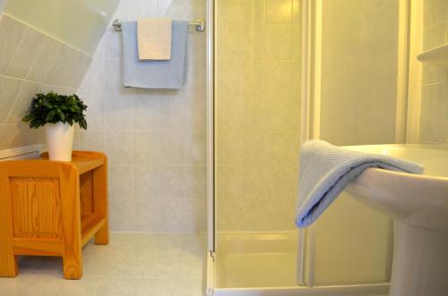 een douche met een glazen deur in de badkamer bij Auberge La Cure in Oz