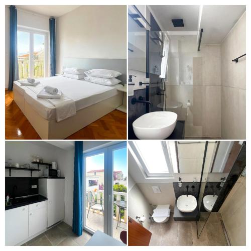 a collage of pictures of a bedroom and a bathroom at Pansion Palme in Drvenik