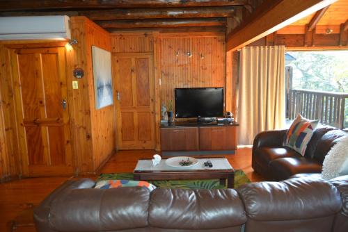 a living room with a leather couch and a tv at Sodwana Bay Lodge House 34 in Sodwana Bay