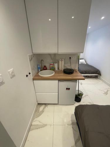 Elle comprend une petite salle de bains pourvue d'un lavabo et d'un comptoir. dans l'établissement Appartement au rez de chaussée pres de gare de lyon, à Paris