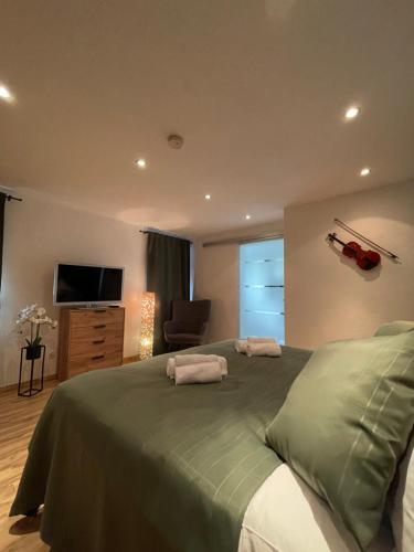 a bedroom with a large bed with two pillows on it at Apartment Violine2 am Bahnhof-City in Bayreuth