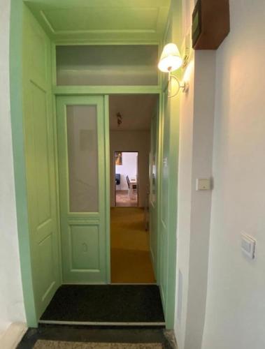 a hallway with a green door in a room at MINATO Apartments Ostrava center in Ostrava