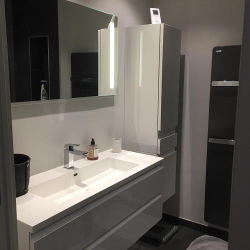 une salle de bain avec un lavabo blanc et un miroir dans l'établissement Annecy centre - 3 chambres - 90m2 5 min du lac, à Annecy