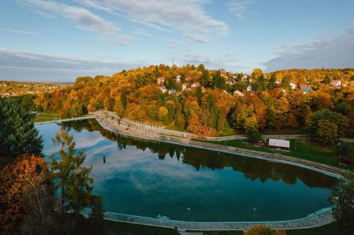 an aerial view of a lake with trees and houses at Kuća za odmor Veles in Orahovica