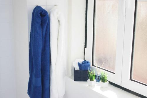 a bathroom with a blue shower curtain and a window at Sweet Alfama, Apartment 1 in Lisbon