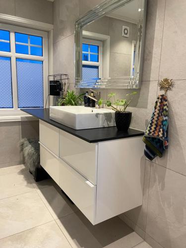 a bathroom with a white sink and a mirror at Villa apartment in Trondheim