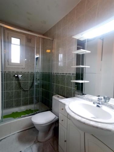 une salle de bain avec toilettes, lavabo et douche dans l'établissement Family apartment near Paris, à Alfortville